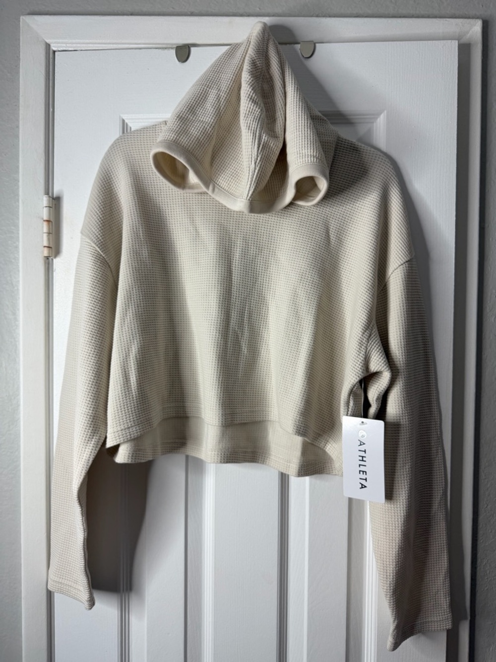 Athleta Ivory Waffle-Knit Cropped Hoodie